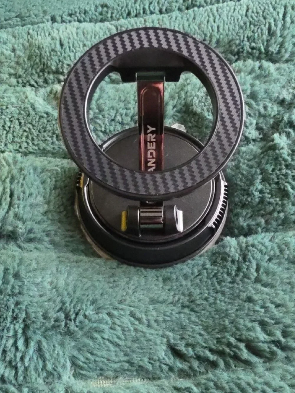 Black Foldable Phone Ring Stand w/Clip, Secure Grip and Hands-Free Use For Car.